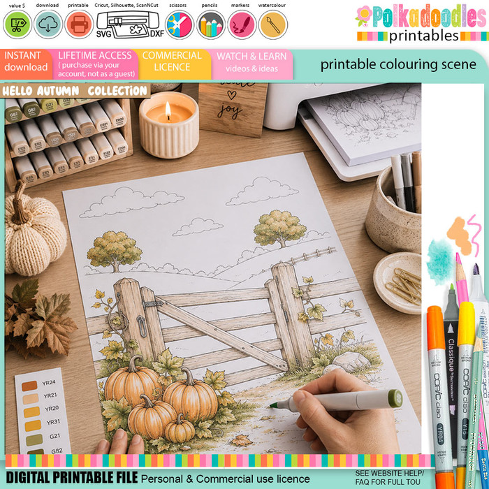 Autumn Pumpkin Farm Gate colouring scene digital download featuring pumpkins, rustic wooden gate, trailing fall leaves, countryside fields and autumn trees. A4 printable colouring background download for card making and crafts.
