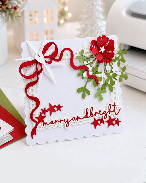 Merry and Bright Christmas greeting craft cutting dies with layered script sentiment and star border for card making
