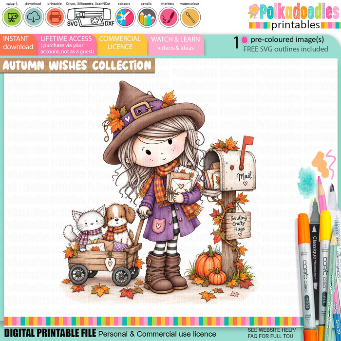 Happy Mail Autumn/Fall Winnie colour clipartcute girl drawing with post box, cat and dog, black and white digital stamp for card making craft, coloring, junk journal images, digi scrapbooking and planner printables – digitale Stempel, digitale stempels