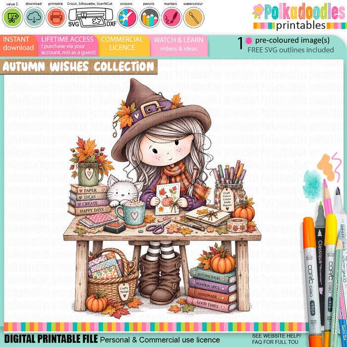 Autumn/Fall cute crafting girl drawing with cat, card making supplies, pencils, papers and pumpkins, black and white digital stamp for card making craft, coloring, junk journal images, digi scrapbooking and planner printables – digitale Stempel, digitale stempels