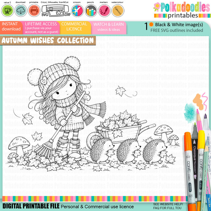 Autumn/Fall cute girl drawing raking leaves with three hedgehogs, wheelbarrow and toadstools, black and white digital stamp for card making craft, coloring, junk journal images, digi scrapbooking and planner printables – digitale Stempel, digitale stempels