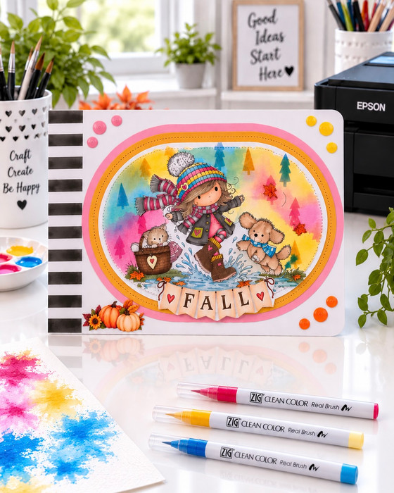 Autumn/Fall cute girl illustration splashing in puddles with dog and cat in basket, precoloured image and color clipart for card making craft, junk journals, digi scrapbooking, stationery and planner printables – vorgefärbte Clipart, voorgekleurde clipart