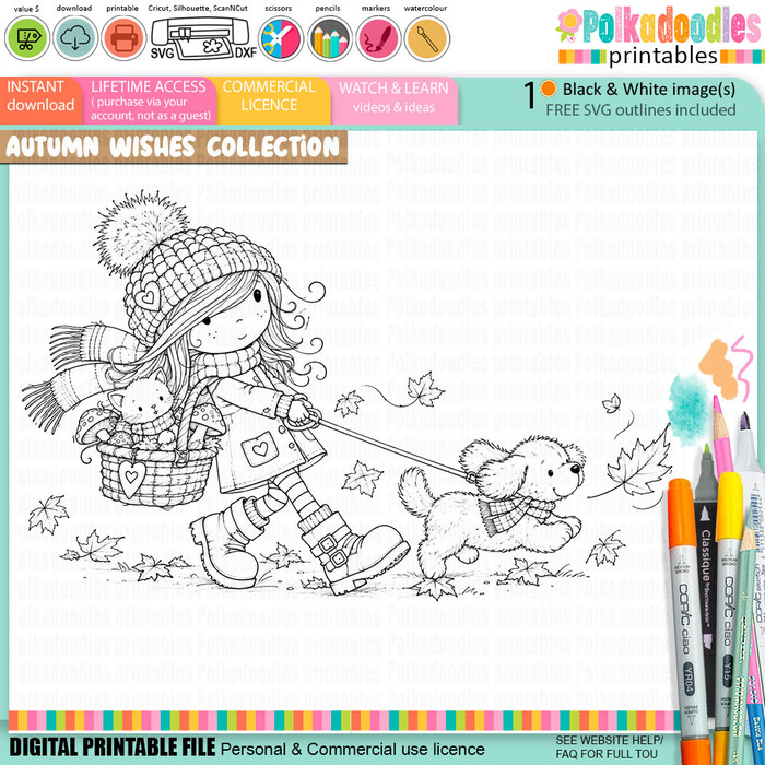 Autumn/Fall cute girl drawing walking a dog in falling leaves with cat in toadstool basket, black and white digital stamp for card making craft, coloring, junk journal images, digi scrapbooking and planner printables – digitale Stempel, digitale stempels