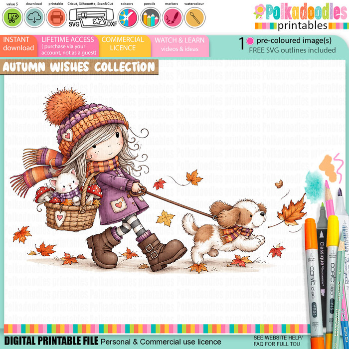 Autumn/Fall cute girl illustration walking a dog through colourful falling leaves with cat in toadstool basket, precoloured image and color clipart for card making craft, junk journals, digi scrapbooking, stationery and planner printables – vorgefärbte Clipart, voorgekleurde clipart