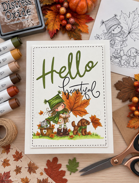Autumn/Fall cute girl drawing holding a giant maple leaf with dog and cat in basket, black and white digital stamp for card making craft, coloring, junk journal images, digi scrapbooking and planner printables – digitale Stempel, digitale stempels