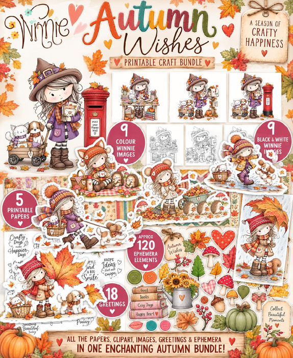 Autumn/Fall cute girl drawings digital craft bundle with 9 black and white stamps, 9 precoloured clipart images, SVG files, papers, greetings and ephemera for card making craft, junk journals, digi scrapbooking and planner printables – digitale Stempel, digitale stempels