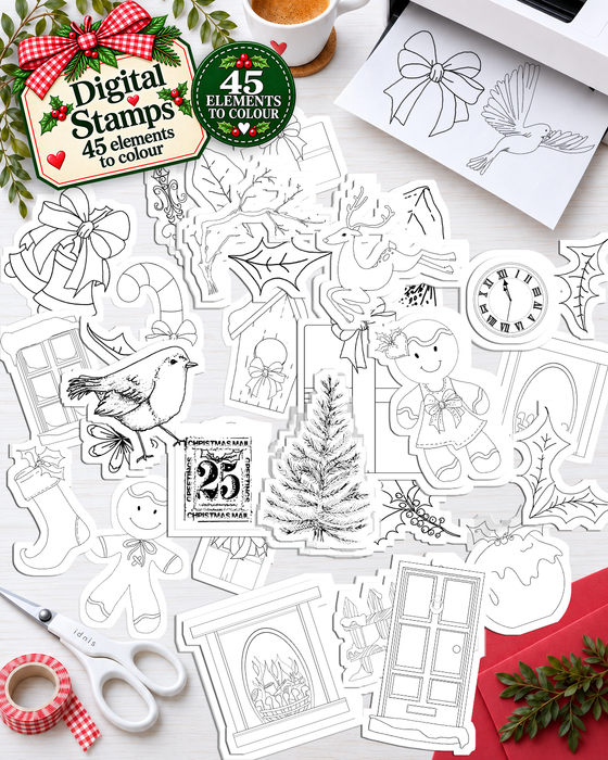45 Christmas Holiday digital stamps for colouring -. Christmas at the Cottage Printable Craft Bundle – Christmas Printable Craft Bundle, Digital Stamps, Clipart, Papers, Card Templates & Ephemera for card making, printable crafting, junk journals, folios, planner elements, digital scrapbooking.
