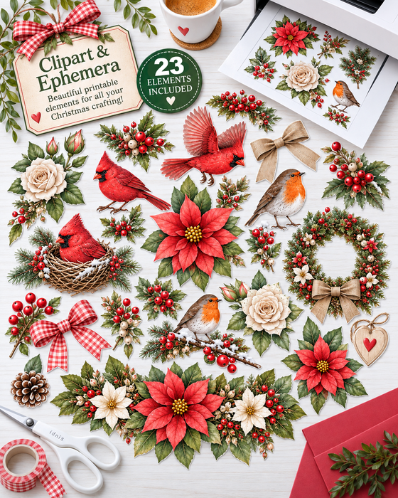 Christmas Holiday Birds & Flowers II x 23- Christmas at the Cottage Printable Craft Bundle