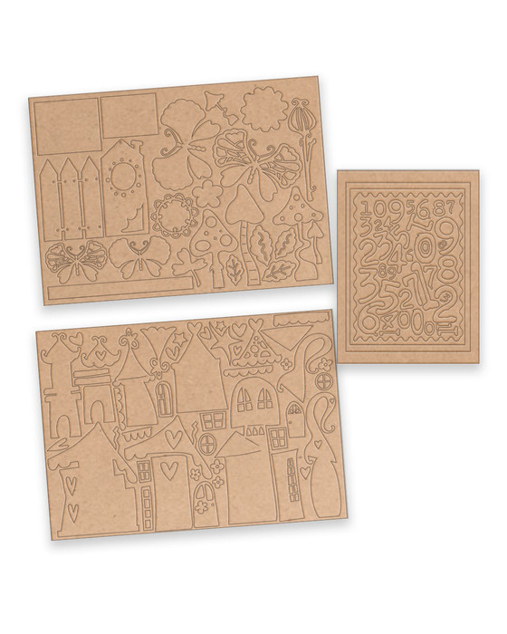 Wonky Stuff MDF kit - 100+ pieces to decorate. Craft mdf wood blanks for card making and crafts. Featuring lots of different layered wonky houses and buildings (even a circus tent) - these pieces are super versatile whether you're making handmade cards or decorative pieces for round the home and to sell at craft fairs too. This kit includes a massive xxx pieces. Includes 23 garden pieces including butterflies and toadstools; approx 43 numbers and frame pieces; approx 52pcs that can make 7 or more buildings. Total pieces approx 110pcs