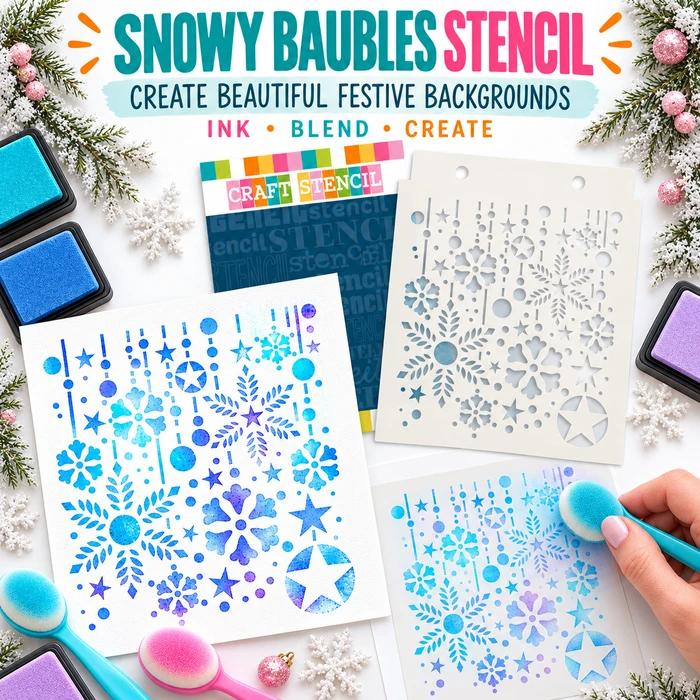 Snowy Baubles stencil - card making and craft stencil.

This A5 stencil features a pretty selection of snowflake baubles and stars which will create amazing backgrounds on any crafty projects. Change the colours and it can easily be flowery baubles too!