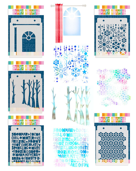 Chilly Days 5 x stencil bundle - card making and craft stencils.

5 stencils which are perfect for Christmas, wintery days and beyond!

Includes:

Chilly Days,
Treescape,
Snowy Baubles, I
s it Snowing?
And Create a View window stencils.