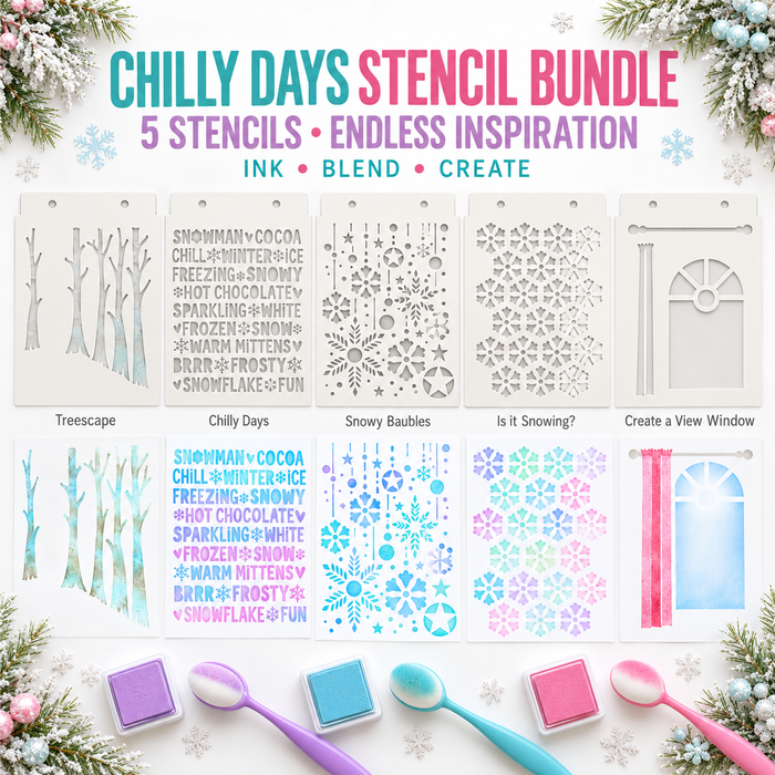 Chilly Days 5 x stencil bundle - card making and craft stencils.

5 stencils which are perfect for Christmas, wintery days and beyond!

Includes:

Chilly Days,
Treescape,
Snowy Baubles, I
s it Snowing?
And Create a View window stencils.