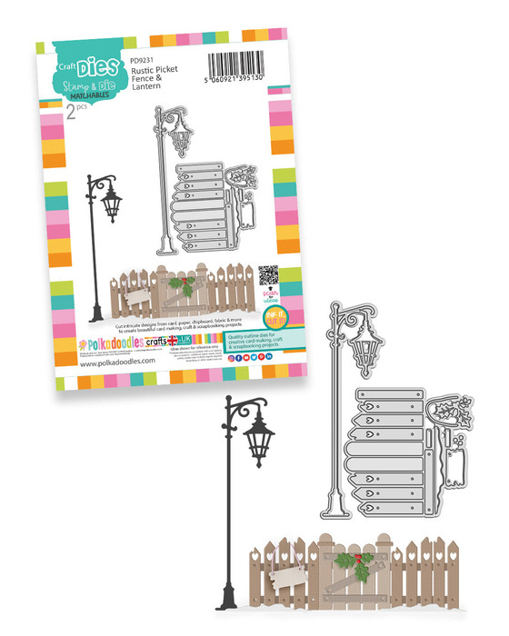 Rustic Picket Fence & Lamp post craft dies- cutting dies for card making and crafts, junk journaling, planner crafts, scrapbooking.

This lovely Rustic Picket Fence & Lantern die set lets you create fences and gateposts to your own specification, menaing you can size as you wish! Create cute little fences and gates by combining the pieces and see what else you can build too! There's even a cute little sign and some holly included, along with a beautiful lamp post/lantern to finish a gorgeous outdoor scene. The best part is all the pieces are connected to make die cutting much faster and easier!