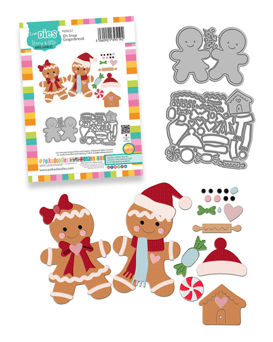 Oh Snap Gingerbread craft dies- cutting dies for card making and crafts, junk journaling, planner crafts, scrapbooking.

Who doesn't love gingerbread at Christmas?!

This die set has 2 gingerbread people complete with different hats, scarves, buttons and bows to dress them up! SO adorable! There are intricate dies for the icing decorations, a rolling pin, gingerbread house, candy cane, holly and sweets too - you'll have so much fun with this die set!

The best part is we tried to make all the colour co-ordinated pieces connected together to make your die cutting much faster and easier! It's adorable!