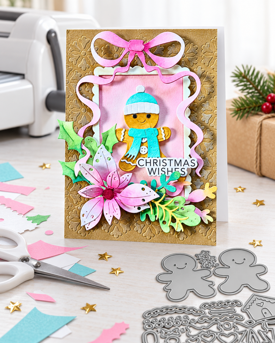 Oh Snap Gingerbread craft dies- cutting dies for card making and crafts, junk journaling, planner crafts, scrapbooking.

Who doesn't love gingerbread at Christmas?!

This die set has 2 gingerbread people complete with different hats, scarves, buttons and bows to dress them up! SO adorable! There are intricate dies for the icing decorations, a rolling pin, gingerbread house, candy cane, holly and sweets too - you'll have so much fun with this die set!

The best part is we tried to make all the colour co-ordinated pieces connected together to make your die cutting much faster and easier! It's adorable!