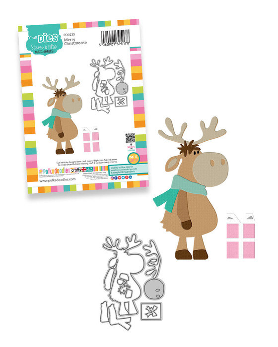 Merry Moosemas craft dies- cutting dies for card making and crafts, junk journaling, planner crafts, scrapbooking.

It MOOSE be Christmas!

This adorable Moose is approx 10cm/4" tall and is SO cute! He comes complete with layered antlers, a scarf and has gifts to bring to the party so you can go all out and assemble him in the colours you wish - you'll love being able to use your scraps for this die!

The best part is all the pieces are connected to make die cutting much faster and easier!