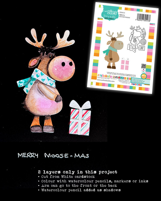 Merry Moosemas craft dies- cutting dies for card making and crafts, junk journaling, planner crafts, scrapbooking.

It MOOSE be Christmas!

This adorable Moose is approx 10cm/4" tall and is SO cute! He comes complete with layered antlers, a scarf and has gifts to bring to the party so you can go all out and assemble him in the colours you wish - you'll love being able to use your scraps for this die!

The best part is all the pieces are connected to make die cutting much faster and easier!