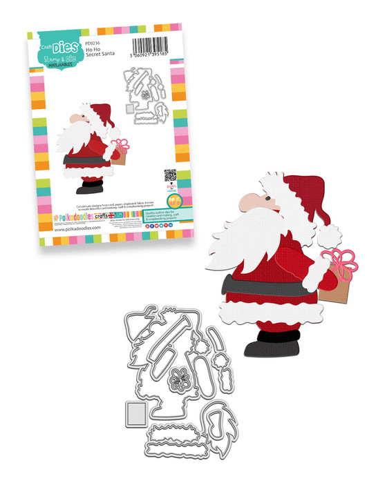 Ho Ho Secret Santa craft dies- cutting dies for card making and crafts, junk journaling, planner crafts, scrapbooking.

Here comes Santa! Measuring approx 8.5cm/3.75" tall this chunky Santa is so cute!

Complete with all the layered die cuts you need to make him look authentic, you can dress hum up and he even has a little gift to give too. Hes the perfect size for cards, tags and any other craft project and woul dlook adorable hung as a Bauble on the tree!

The best part is all the pieces are connected to make die cutting much faster and easier!