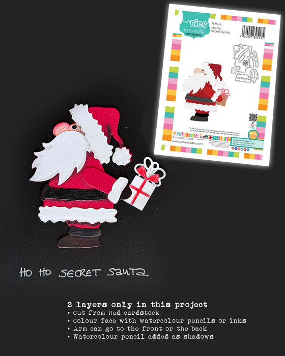 Ho Ho Secret Santa craft dies- cutting dies for card making and crafts, junk journaling, planner crafts, scrapbooking.

Here comes Santa! Measuring approx 8.5cm/3.75" tall this chunky Santa is so cute!

Complete with all the layered die cuts you need to make him look authentic, you can dress hum up and he even has a little gift to give too. Hes the perfect size for cards, tags and any other craft project and woul dlook adorable hung as a Bauble on the tree!

The best part is all the pieces are connected to make die cutting much faster and easier!
