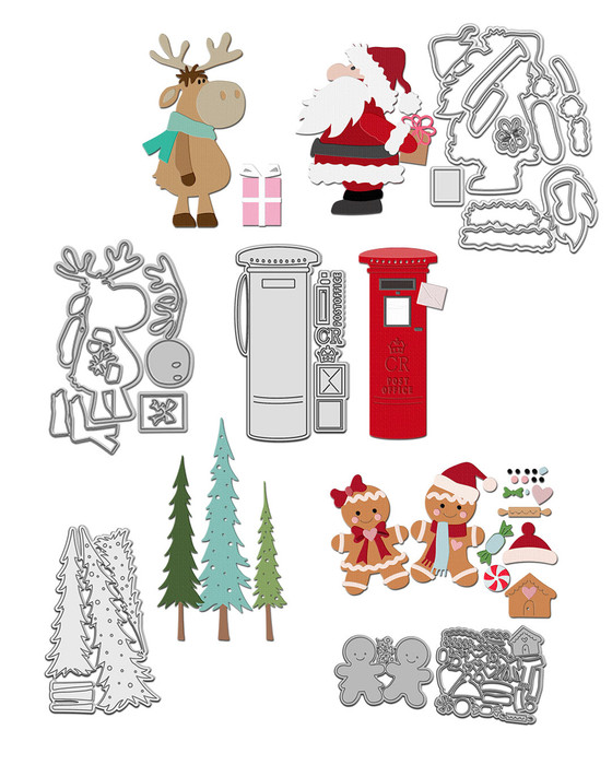 Snow & Sparkles craft dies bundle. 5 sets of cutting dies for card making and crafts, junk journaling, planner crafts, scrapbooking.Includes:Rustic Dotty Trees Trio die set,
Vintage Post Box die set,Merry Christmoose die set,Ho Ho Secret Santa die set,Oh Snap Gingerbread die set. Incredible value saving!