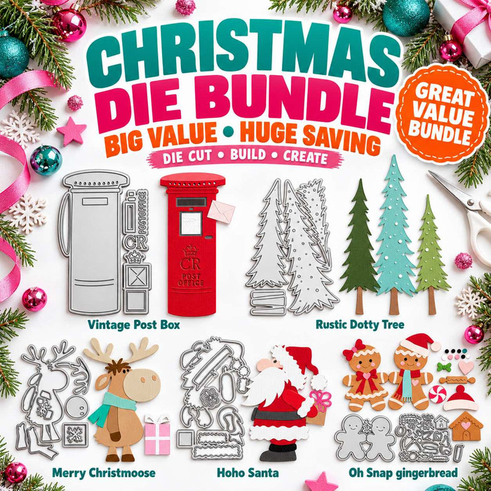 Snow & Sparkles craft dies bundle. 5 sets of cutting dies for card making and crafts, junk journaling, planner crafts, scrapbooking.Includes:Rustic Dotty Trees Trio die set,
Vintage Post Box die set,Merry Christmoose die set,Ho Ho Secret Santa die set,Oh Snap Gingerbread die set. Incredible value saving!