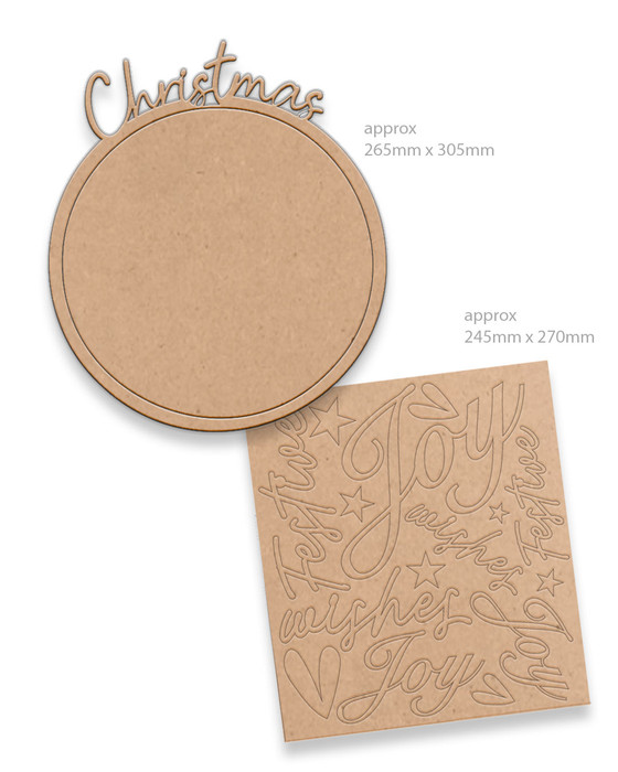 Christmas Festive Wishes MDF wood craft blanks kit - for card making and crafts, mixed media crafting, junk journaling, planner crafts, scrapbooking, home decor crafting, craft fair sellers. 

Includes 17 pieces, 3mm MDF 

This lovely Christmas MDF kit features a large Christmas text wreath and cut out centre that can be decorated with all your favourite inks, paints, papers and texture mediums.

Pop out all the words and decorate with your own sentiments and still have lots of other pieces and embellishments to decorate your other craft projects and cards as you wish. A super versatile kit! 3mm MDF.