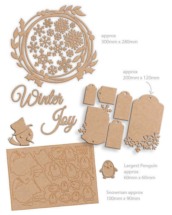 Christmas Festive Wishes MDF wood craft blanks kit - for card making and crafts, mixed media crafting, junk journaling, planner crafts, scrapbooking, home decor crafting, craft fair sellers. 

Includes 39 pieces, 3mm MDF:
12"/30cm approx wreath (stand or hanger is required)
2 snowman faces
13 penguins

This large 39 piece MDF kit is super versatile and creates fun makes for any crafty project!

The beautiful wreath is approx 30cm/12" and can be decorated with all the pretty snowflakes to create a hanger or decorative piece for around the home.

Included are 2 snowmen faces and 13 cute penguins in different sizes - all layered for lots of dimension. Apply them onto the pretty snowflake tags to create a multitude of different makes!

Use all your favourite paints, acrylic paint markers, inks and papers to decorate as you wish, making it a really versatile set you can use at home, make gifts or even sell at Craft Fairs! 3mm MDF.