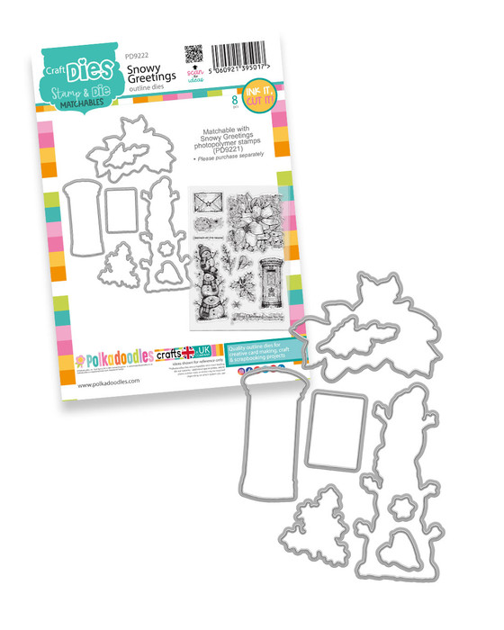 Snowy Greetings outline craft dies - cutting dies for card making and crafts, junk journaling, planner crafts, scrapbooking.

Make your favourite Snowy Greetings stamped images pop with this coordinating 6-piece outline cutting die set. Designed to work with selected images from the PD9221 Snowy Greetings Photopolymer Stamps, these dies make it easy to cut beautifully shaped elements ready for layering, dimensional cardmaking and mixed-media projects.