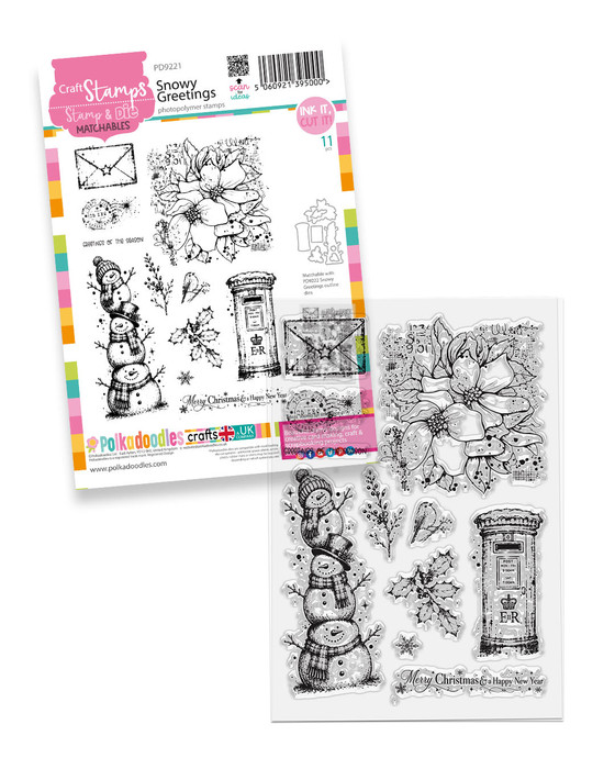 Snowy Greetings clear stamps - photopolymer stamps for card making and crafts, junk journaling, planner crafts, scrapbooking.

Create beautiful cards for Christmas, winter and beyond with our Snowy Greetings Photopolymer Stamp Set. This gorgeous 11-piece collection combines detailed hand-drawn artwork with a wonderfully contemporary, slightly grungy feel, making it perfect for everything from clean and simple cards to layered mixed-media projects.


The set includes a stunning large floral design, a trio of characterful snowmen, traditional post box, envelope, bird, holly and foliage, postal details and versatile greetings.