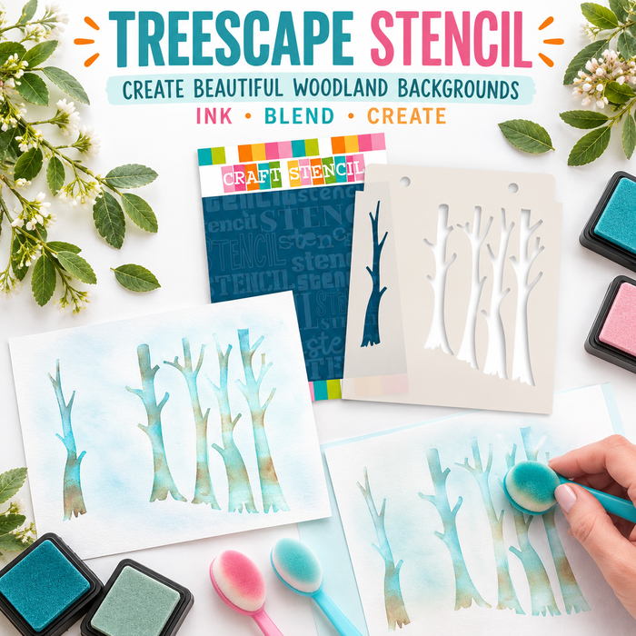Treescape stencil - card making and craft stencil.

This A5 stencil is perfect for creating tree scenery on all your craft projects. Layer up with inking to create multi layered forests and add twinkling lights and shimmer with your favourite texture pastes and glitters.