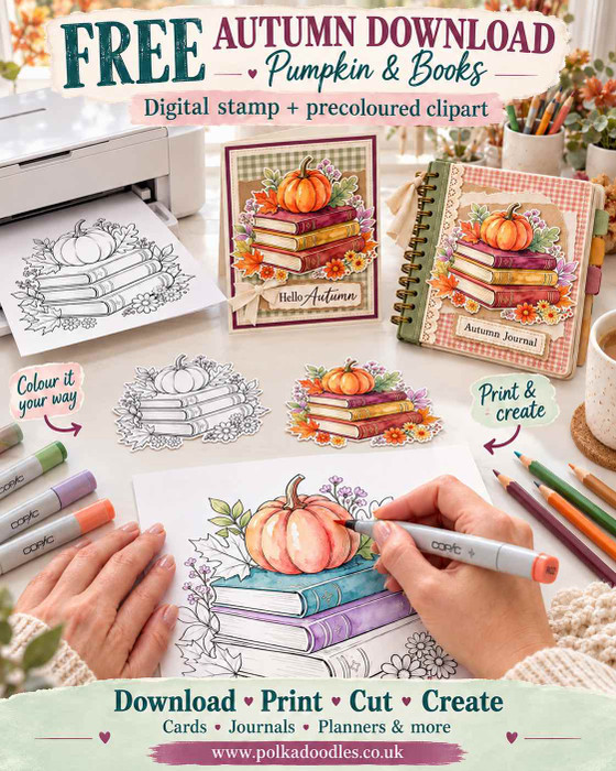 Free digital stamp download! Autumn/Fall pumpkin on a pile of books printable downloads. Autumn pumpkin on a stack of books with leaves and flowers, shown as precoloured clipart and a black-and-white digital stamp. Autumn/Fall Digital Stamp & precoloured Clipart for card making, printable crafting, junk journals, folios, planner elements, digital scrapbooking.