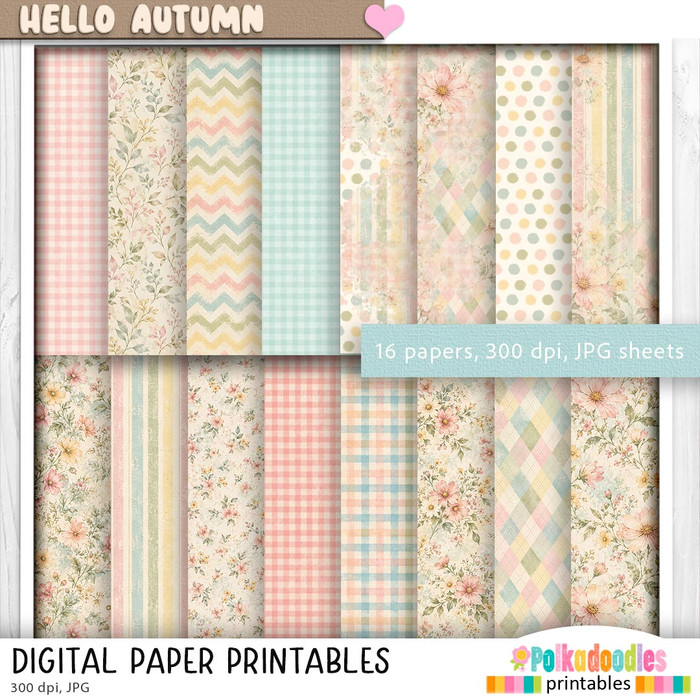 Hello Autumn Shabby Chic Pretty printable paper patterns set 7 - craft, card making, junk journal, digital scrapbooking.