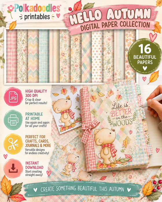 Hello Autumn Shabby Chic Pretty printable paper patterns set 7 - craft, card making, junk journal, digital scrapbooking.