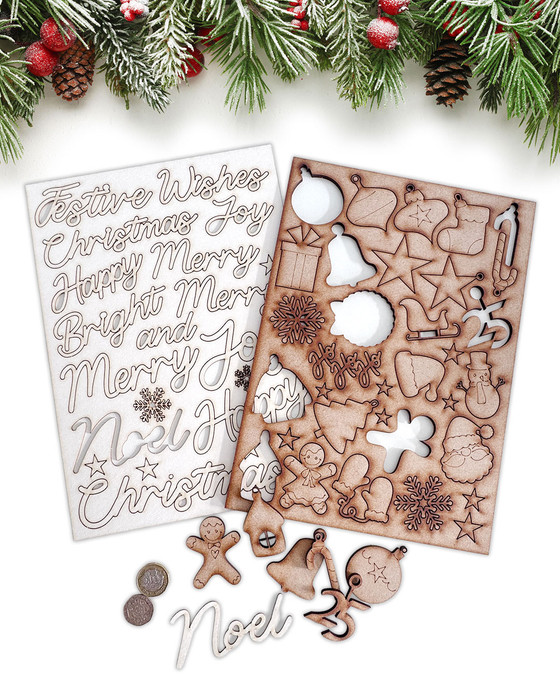 Small Christmas Ornaments & Words MDF & Chipboard kit - 52 pcs - wood blanks for crafting. Add beautiful festive details to your handmade creations with this 52-piece Small Christmas Ornaments & Words MDF & Chipboard Kit. With smaller decorative shapes and elegant script words, it’s perfect for Advent calendars, scrapbooking, junk journals, handmade books, albums, cards and Christmas home décor.