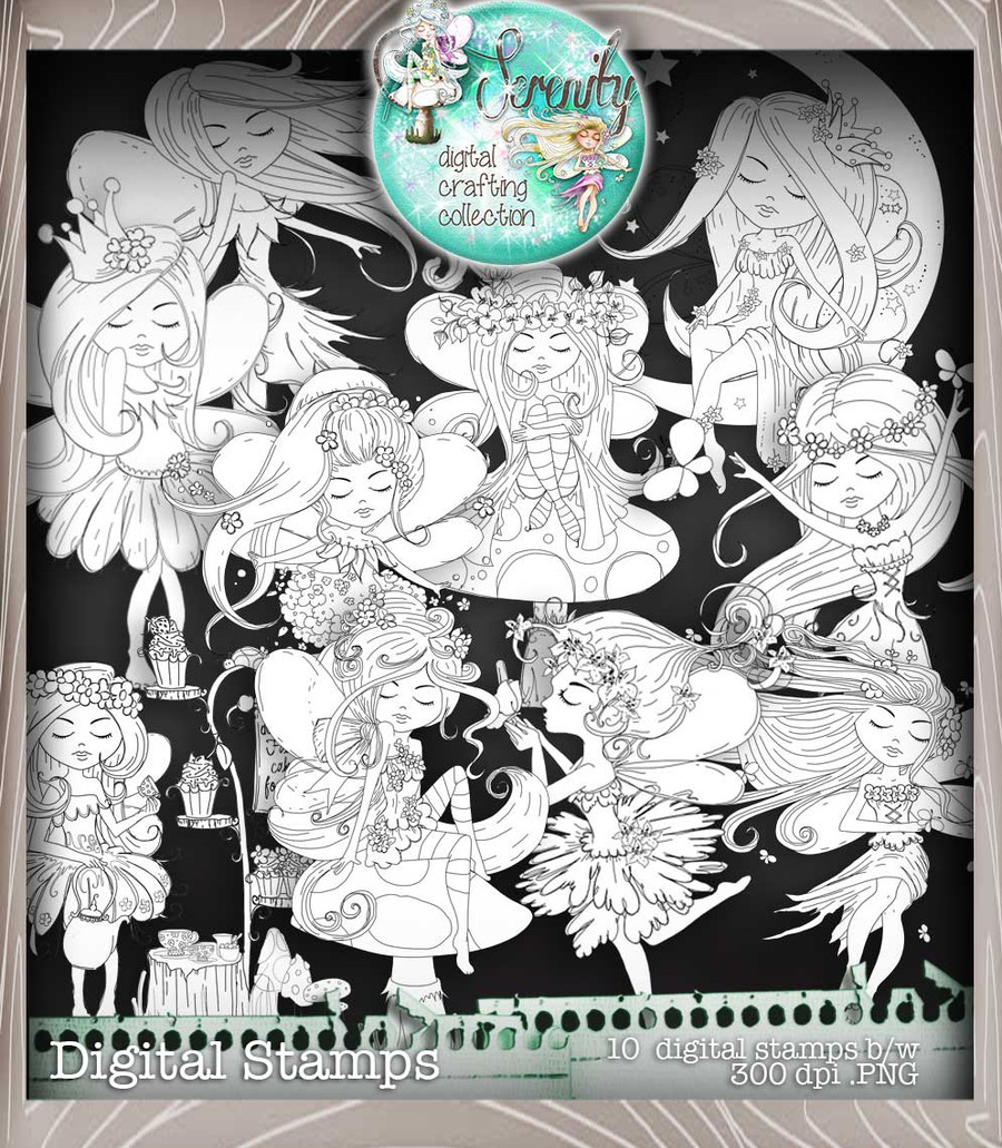 Serenity Fairy Cakes tea Party - Digital Crafts, digital Stamp card making printable downloads.