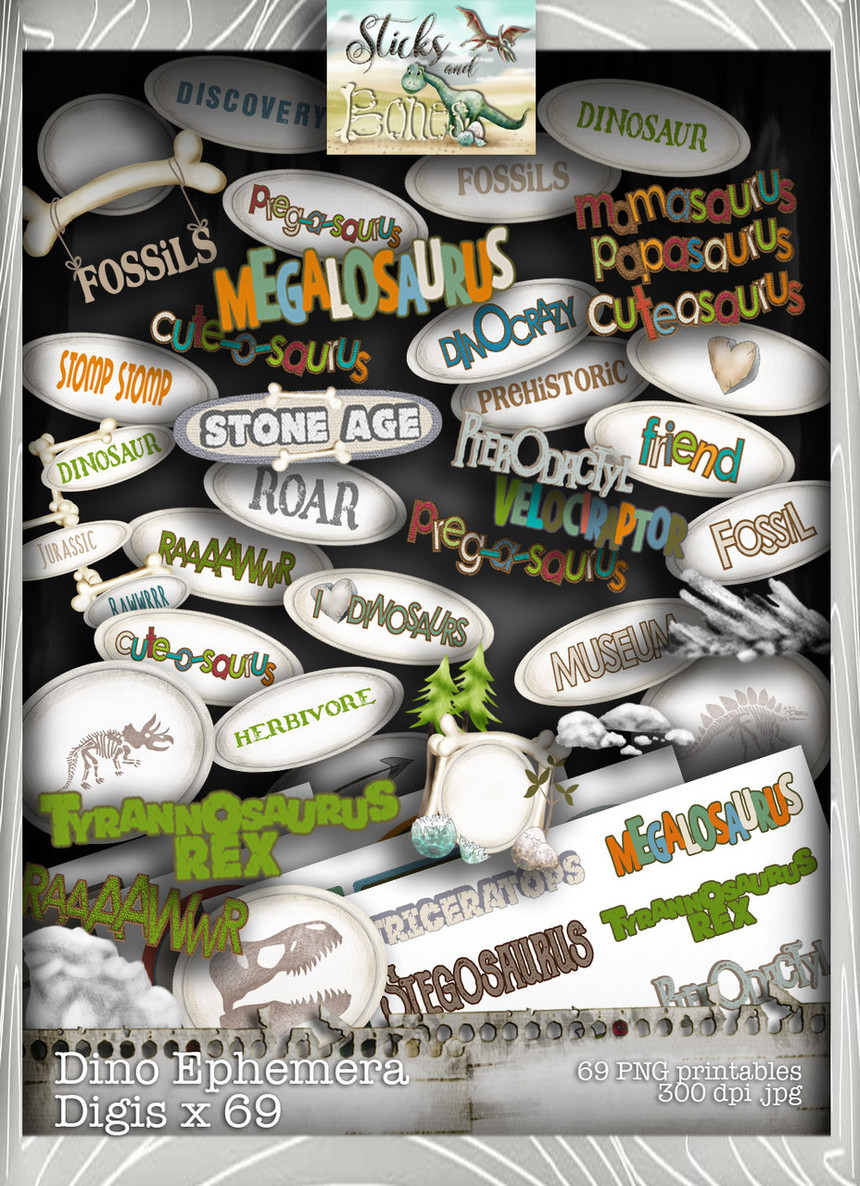Sticks & Bones - Dinosaur Ephemera Bundle - Digital Stamp CRAFT Download