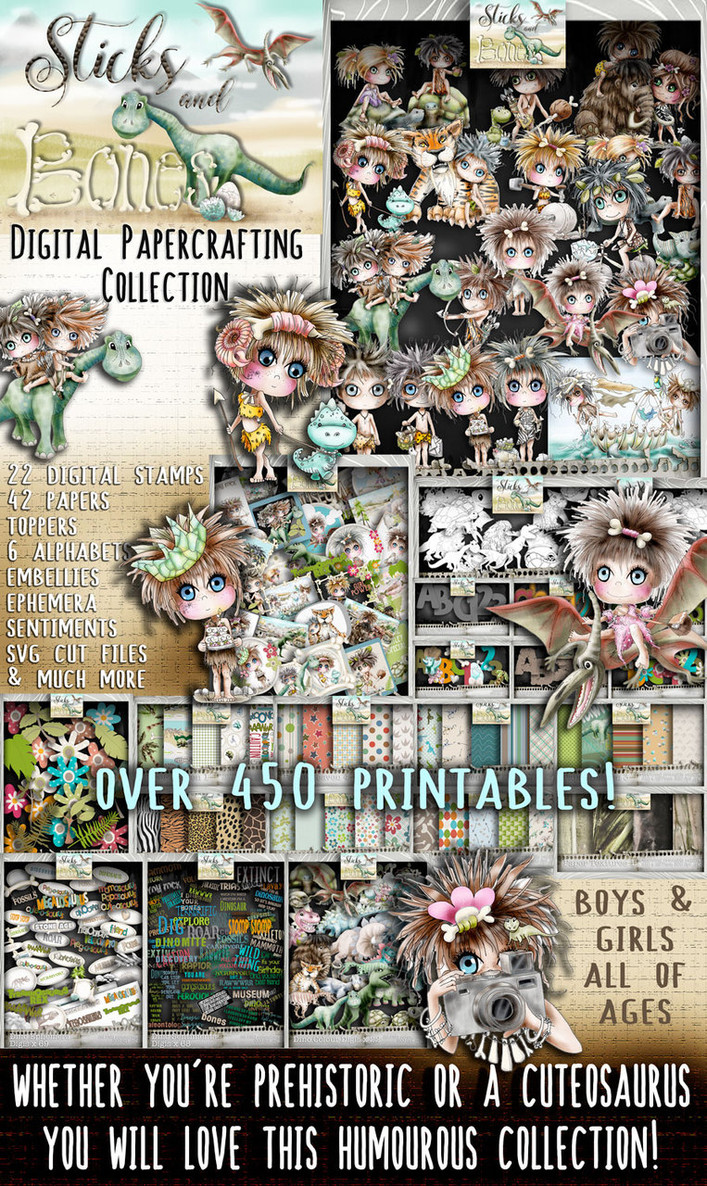 Sticks & Bones Digital Papercrafting Collection - over 450 Printables suitable for boys and girls of any age. You need a sense of humour to use this collection - perfect for Cuteosaurus age or Prehistoric family!