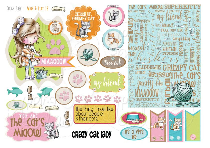 Work & Play 12 Design Sheet - Vet/Cat groomer - Digital Stamp CRAFT Download