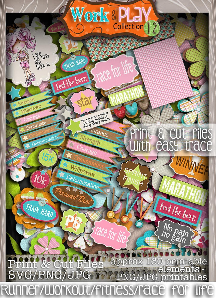 Female Runner/Workout/Fitness/Race for Life bundle kit - Printable Crafting Digital Stamp Craft Scrapbooking Download