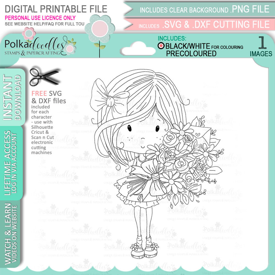 Flower bouquet - Winnie Sugar Sprinkles Spring - Cute Printable Digital Stamp Card making Craft Download