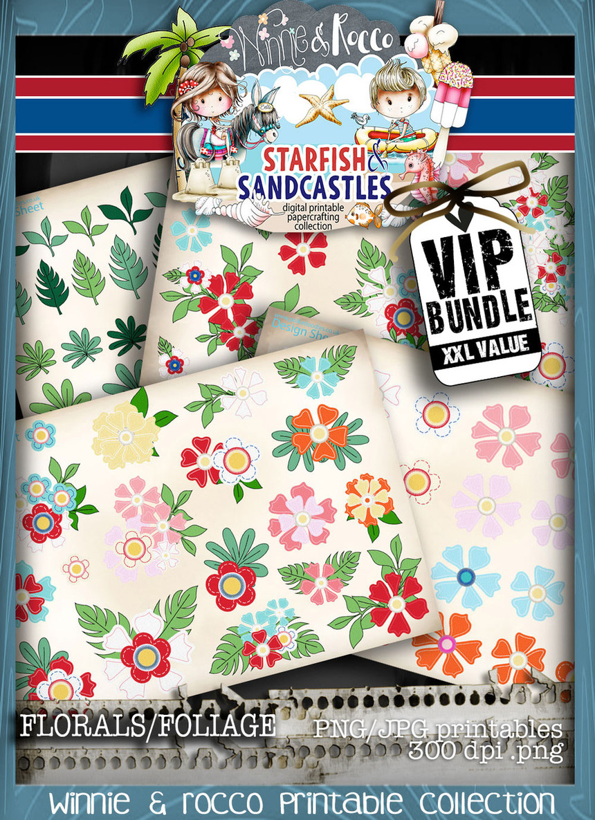 Winnie Starfish/Sandcastles - 30 Colour FOLIAGE digi stamps DOWNLOAD