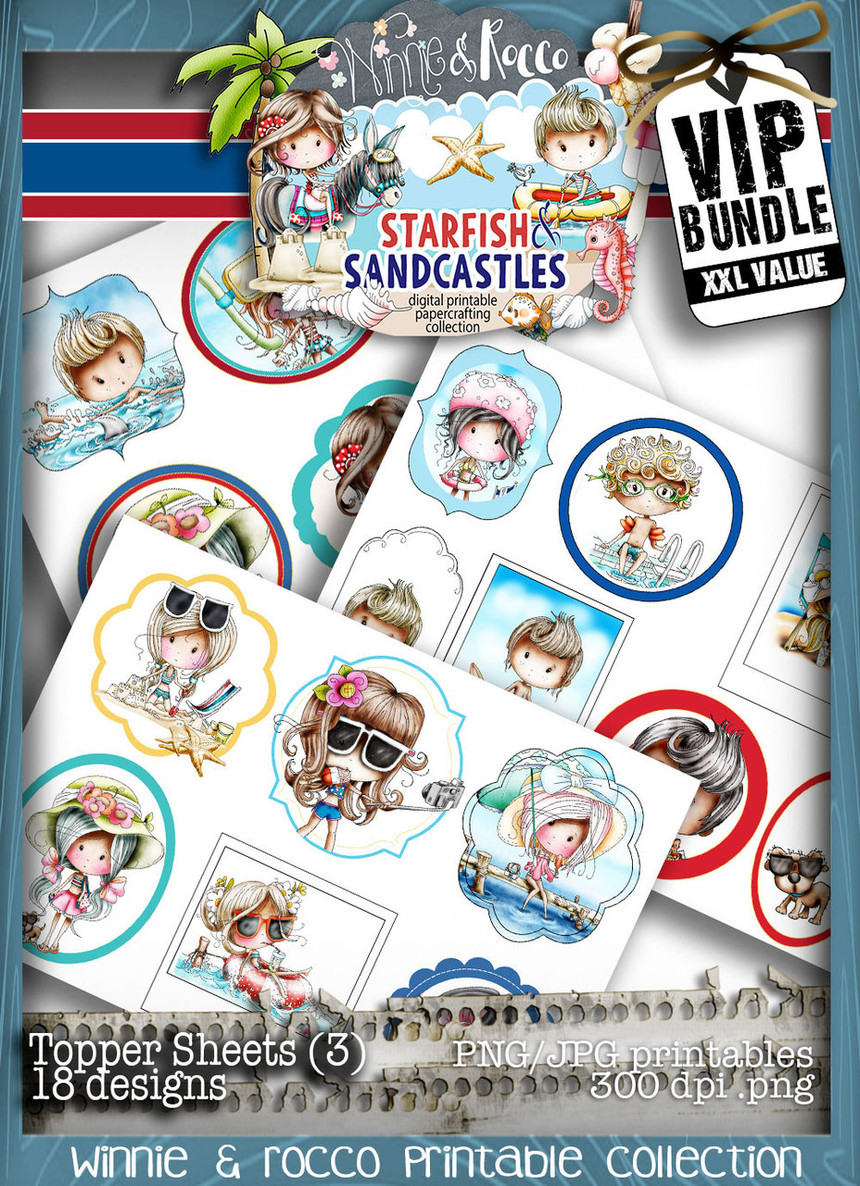 Winnie Starfish/Sandcastles - 18 coloured Digi Stamp Toppers DOWNLOAD