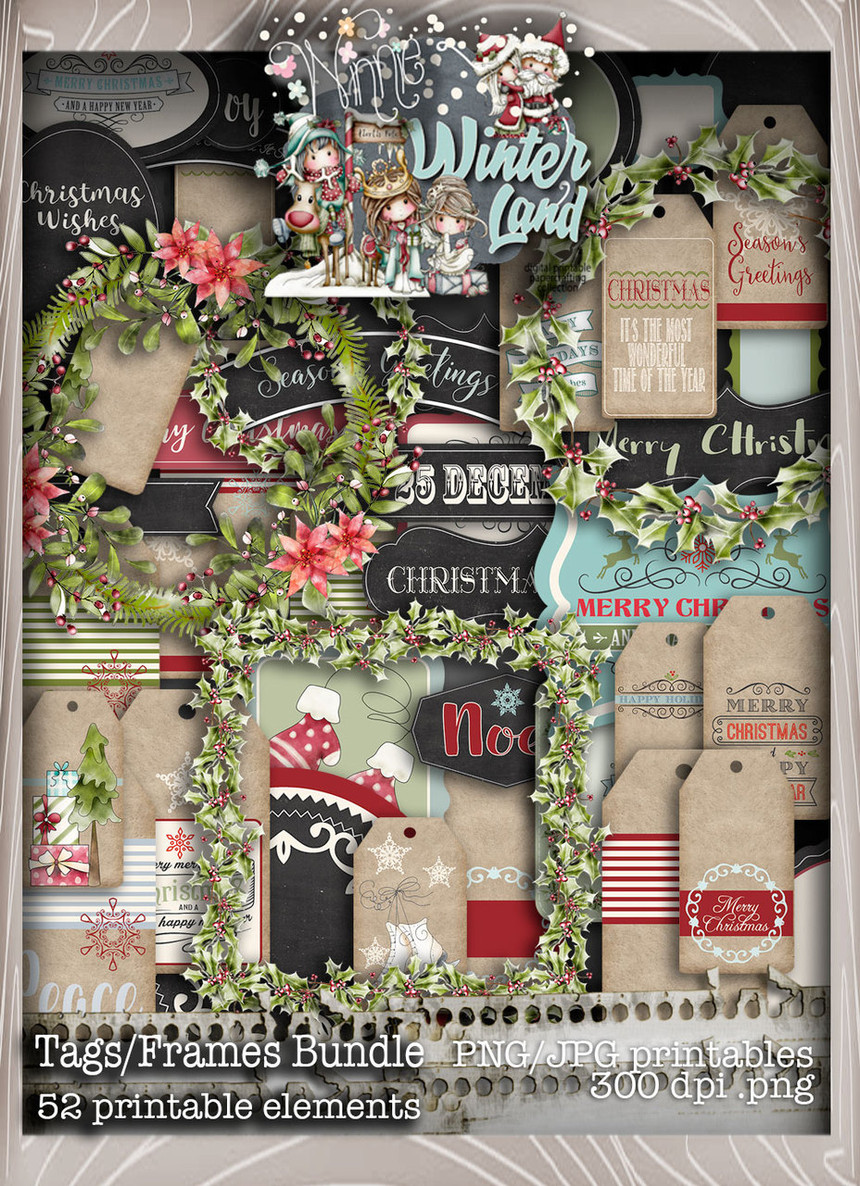 Winnie Winterland - Tags/Frames digital craft papers download