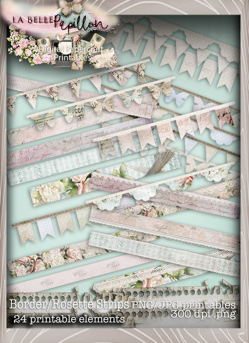 Belle Papillon Bunting, Borders, Rosettes - Download Printables
