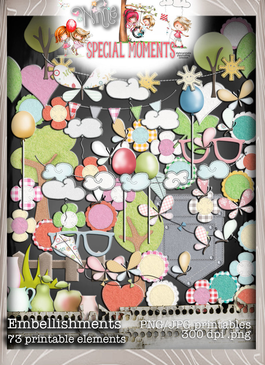 Embellishments, Winnie Special Moments...Craft printable download digital stamps/digi scrap kit 500 digital stamp clipart