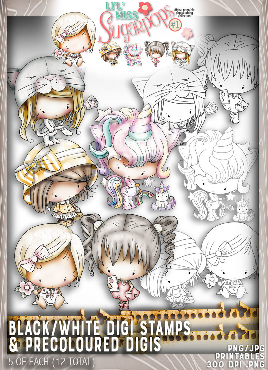 10 Digi Stamps (5 black/white plus 5 pre coloured) - Lil Miss Sugarpops Kit 1...Craft printable download digital stamps/digi scrap kit