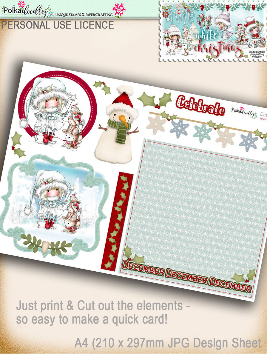 Printable Christmas Design Sheet/toppers - Winnie White Christmas...Craft printable download digital stamps/digi scrap