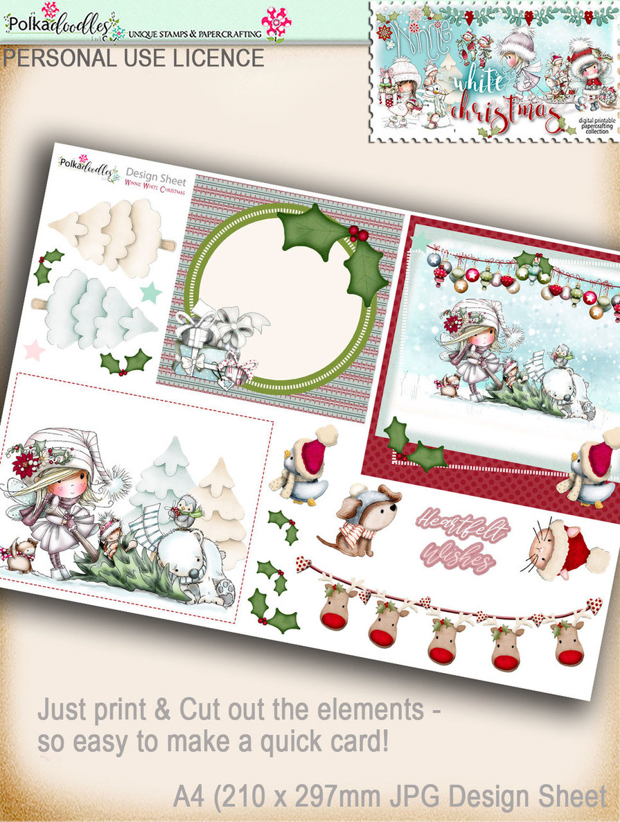 Printable Christmas Design Sheet/toppers - Winnie White Christmas...Craft printable download digital stamps/digi scrap