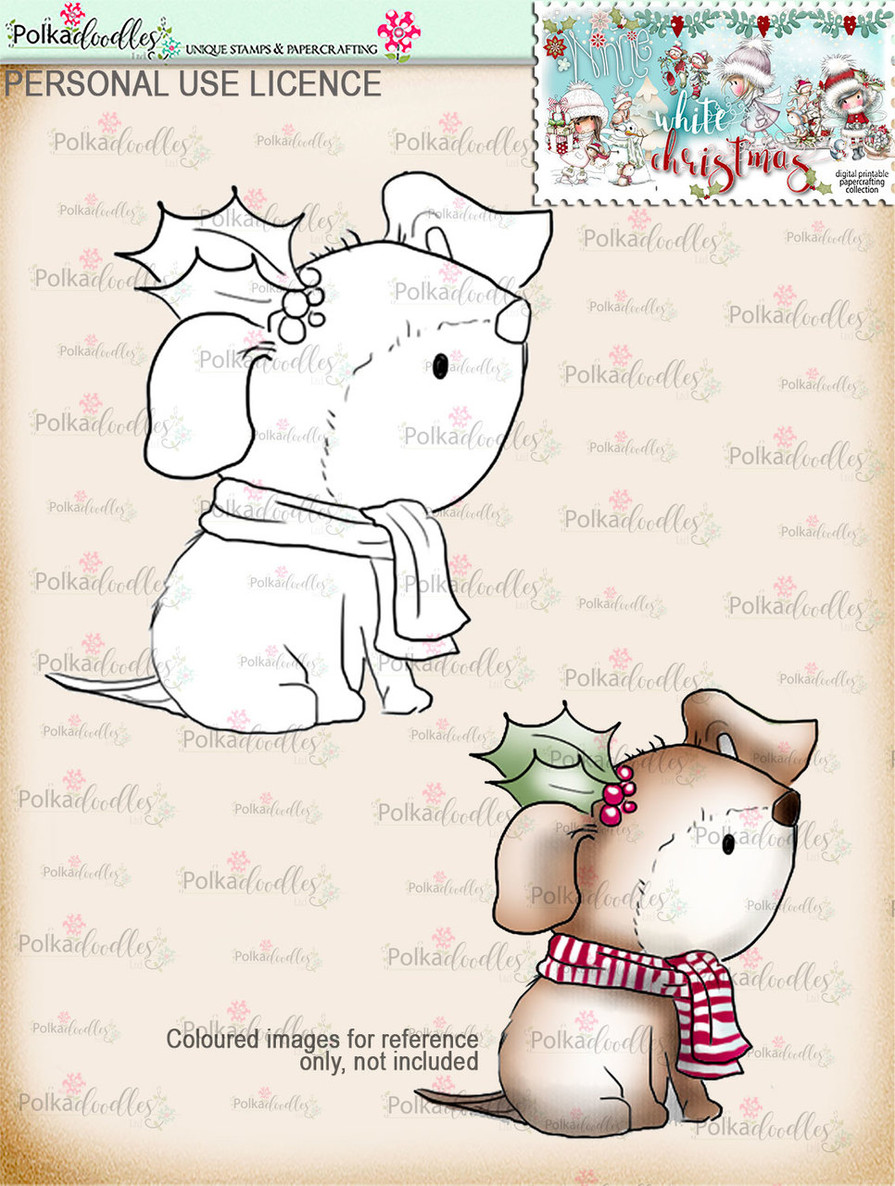 Holly Christmas dog Digital Stamp download - Winnie White Christmas printables...Craft printable download digital stamps/digi scrap