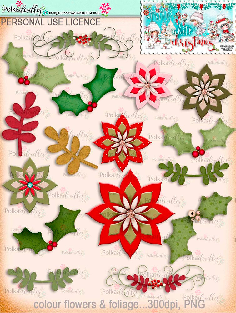 Winnie White Christmas Big Kahuna download for card making and paper crafting including printable flowers and foliage - use with a digital cutting  machine such as the Silhouette Cameo or Brother Scan and Cut